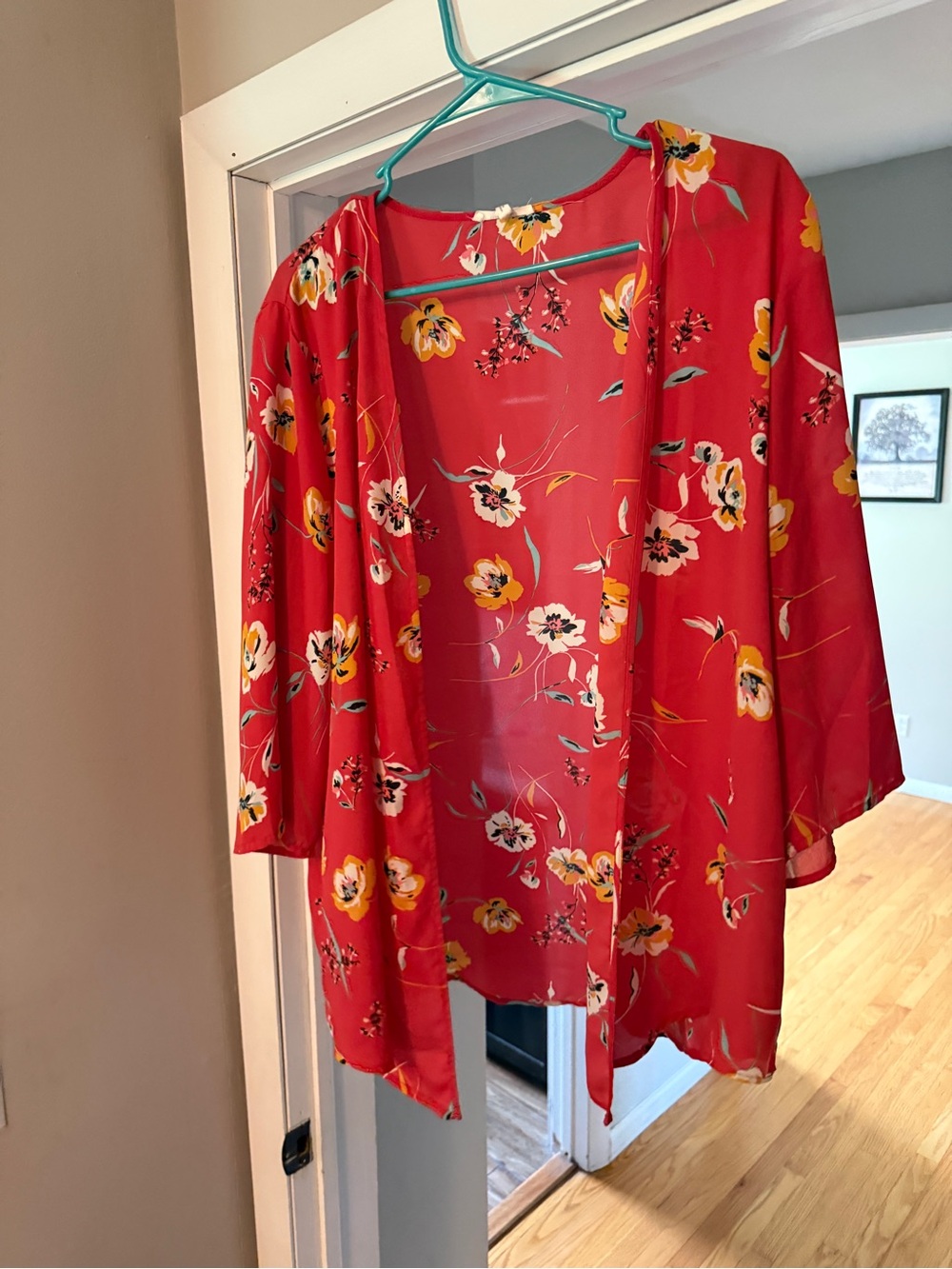 Redish orange Floral Open Kimono